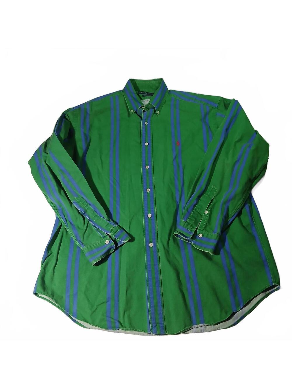 Ralph Lauren Striped Button Up Shirt Green Blue Cotton Preppy Y2K Retro L